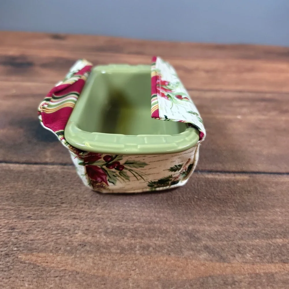 Longaberger Small Loaf Dish Pottery Sage Green Excellent Holiday Fabric Cover